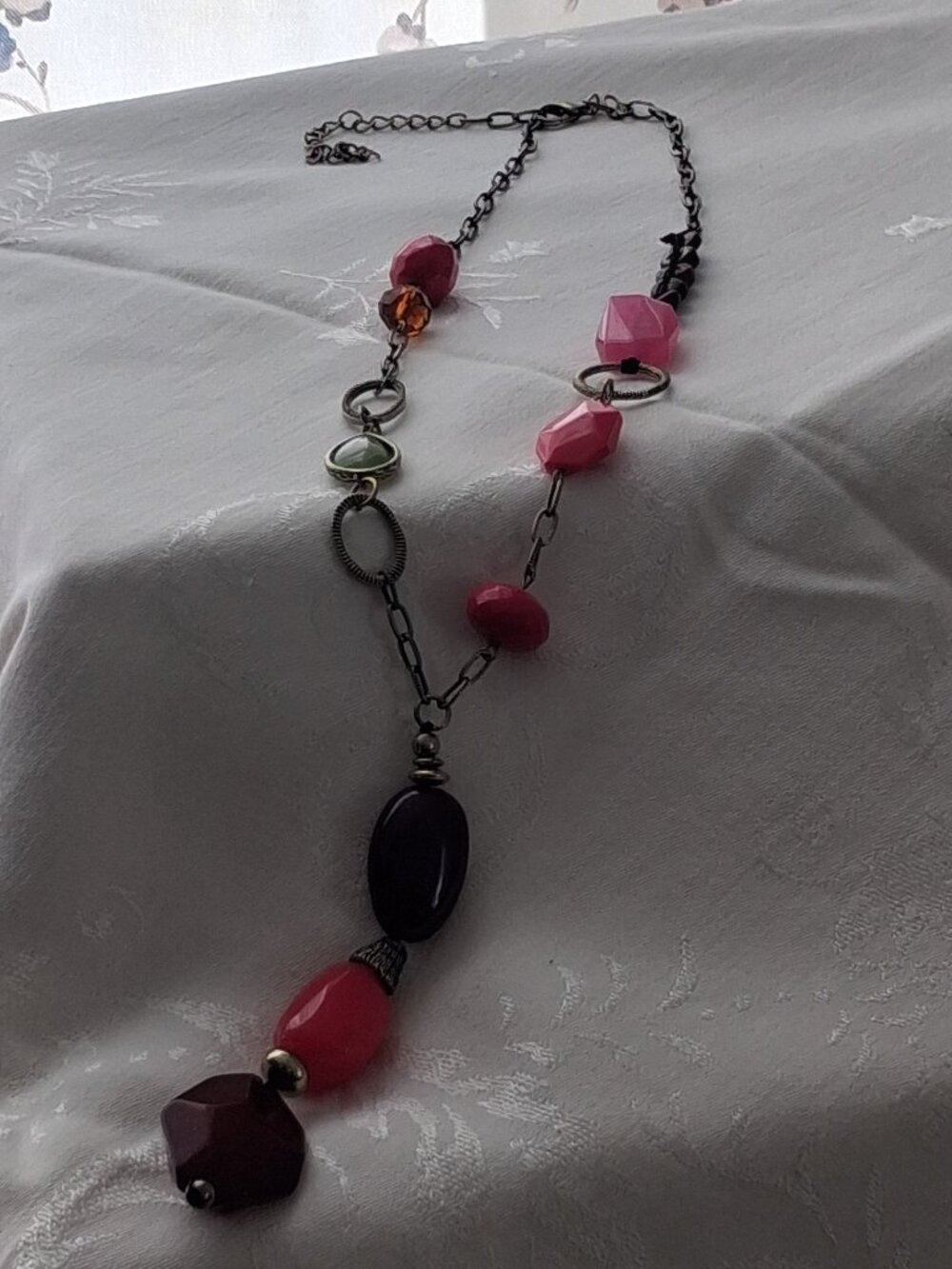 Boho Statement Necklace Pink Purple Green Mixed Bead Long Necklace